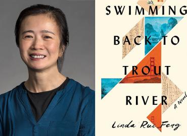 A collage of Professor Linda Rui Feng on the left and the cover of her book, Swimming Back to Trout River, on the right.